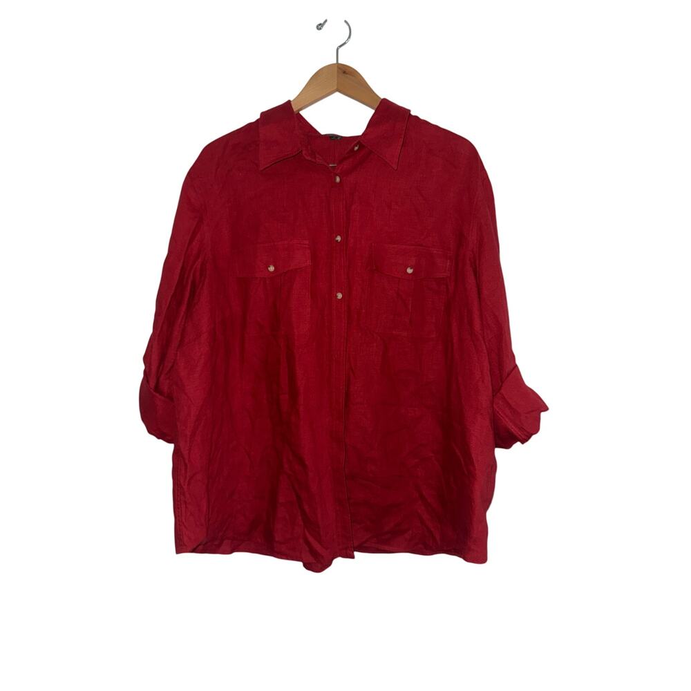 Ralph Lauren Button Up Top Womens 2X 100% Linen Solid Red Long Sleeve Classic